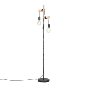 Rustikálna stojaca lampa čierna s drevom 2-svetlá - Dami
