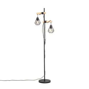 Rustikálna stojaca lampa čierna s drevom 2-svetlo - Chon