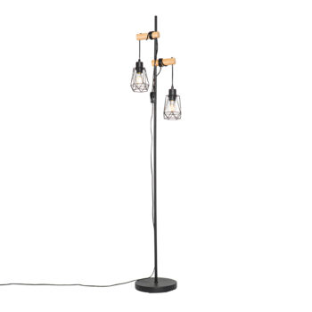 Rustikálna stojaca lampa čierna s drevom 2-svetlo s tienidlom - Dami Frame