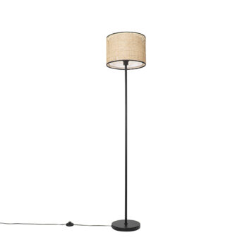 Rustikálna stojaca lampa čierna s ratanovým tienidlom - Kata
