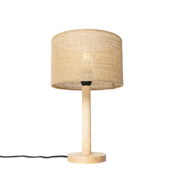 Rustikálna stolná lampa drevo s ľanovým tienidlom prírodná 25 cm - Mels