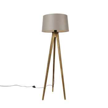Rustikálny trojnohý stojaca lampa vintage drevo s ľanovým tienidlom taupe 45 cm - Tripod Classic
