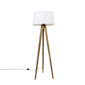 Rustikálny trojnohý stojan vintage drevo s bielym ľanovým tienidlom 45 cm - Tripod Classic