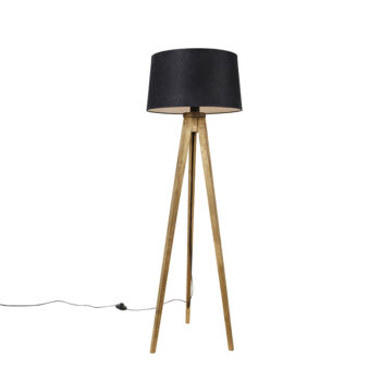 Rustikálny trojnohý vintage drevený s tienidlom z ľanu čierny 45 cm - Tripod Classic