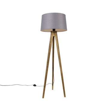 Rustikálny trojnohý vintage drevený s tienidlom z ľanu tmavosivá 45 cm - Tripod Classic