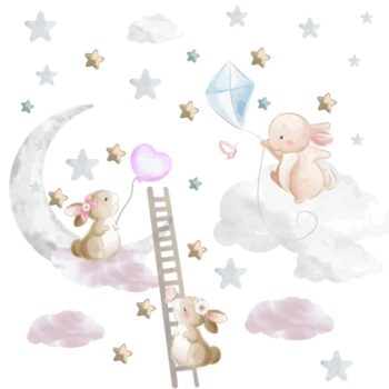 Ružová nálepka na stenu s roztomilými zajačikmi 80 x 160 cm