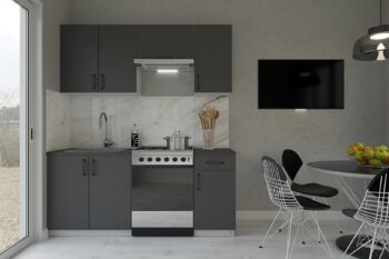 Moderná kuchyňa Salvia vás zaujme svojim praktickým a zároveň štýlovým prevedením. Je vhodná do moderných interiérov. Disponuje množstvom úložného priestoru.Výška horných skriniek: 40,72 cm. Hĺbka: 30/32 cm. Výška dolných skriniek: 82 cm. Hĺbka: 46 cm.Sokel nie je v cene zostavy.Rozmery zostavy (š,h): 180 x 48 cm.Kuchynské skrinky sú vyrobené z kvalitných LTD dosiek. Ich údržba je nenáročná. Dvierka sú vo farbe grafit. Úchyty sú plastové, v čiernej farbe.Kuchynská zostava je zložená z týchto prvkov:Horná skrinka 80/72 cm, horná digestorová skrinka 60/40 cm, horná skrinka 40/72 cm, dolná drezová skrinka 80/82 cm, dolná skrinka 40/82 cmHorné skrinky majú v cene regulovateľné závesy. Ku každej hornej skrinke sa zároveň dodávajú 2 ks 10 cm závesnej lišty. Nedelenú závesnú lištu pre jednoduchšiu montáž je možné doobjednať.Drez a pracovnú dosku je potrebné dokúpiť.Spotrebiče nie sú súčasťou kuchynskej linky.Kuchyňu je možné zakúpiť len ako zostavu.Dodávame v demontovanom stave.