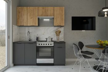 Moderná kuchyňa Salvia vás zaujme svojim praktickým a zároveň štýlovým prevedením. Je vhodná do moderných interiérov. Disponuje množstvom úložného priestoru.Výška horných skriniek: 40,72 cm. Hĺbka: 30/32 cm. Výška dolných skriniek: 82 cm. Hĺbka: 46 cm.Sokel nie je v cene zostavy.Rozmery zostavy (š,h): 180 x 48 cm.Kuchynské skrinky sú vyrobené z kvalitných LTD dosiek. Ich údržba je nenáročná. Dvierka sú vo farbe zlatý craft, grafit. Úchyty sú plastové, v čiernej farbe.Kuchynská zostava je zložená z týchto prvkov:Horná skrinka 80/72 cm, horná digestorová skrinka 60/40 cm, horná skrinka 40/72 cm, dolná drezová skrinka 80/82 cm, dolná skrinka 40/82 cm.Drez a pracovnú dosku je potrebné dokúpiť.Spotrebiče nie sú súčasťou kuchynskej linky.Kuchyňu je možné zakúpiť len ako zostavu.Dodávame v demontovanom stave.