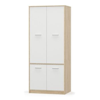 4-dverová vešiaková skriňa TEYO 4D nádherne oživí a zariadi izbu Vašich ratolestí. Rozmery skrine sú (ŠxHxV): 83x55x195 cm. Je vyrobená z kvalitnej laminovanej DTD (drevotriesková doska). Jemná farebná kombinácia dubu sonoma s bielou dodáva nábytku nadčasovosť. Skriňa poskytuje dostatok úložného…
