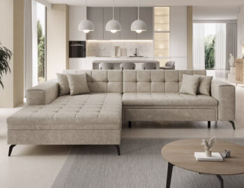 Súmerné prešívanie, jednoduchý dizajn, elegancia a vysoké štíhle nohy rohovej sedačky s rozkladom SAVIO L si Vás omotajú okolo prsta hneď na prvý pohľad. Sedačka sa stane praktickým pomocníkom, a elegantným doplnkom menšej, no kľudne aj tej väčšej obývačky. Farebné prevedenie béžová je…