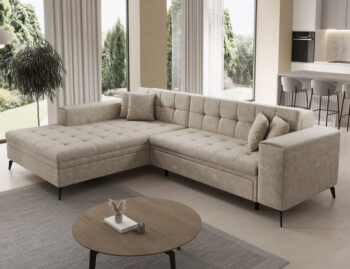 Súmerné prešívanie, jednoduchý dizajn, elegancia a vysoké štíhle nohy rohovej sedačky s rozkladom SAVIO L si Vás omotajú okolo prsta hneď na prvý pohľad. Sedačka sa stane praktickým pomocníkom, a elegantným doplnkom menšej, no kľudne aj tej väčšej obývačky. Farebné prevedenie béžová je…
