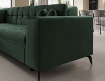 Súmerné prešívanie, jednoduchý dizajn, elegancia a vysoké štíhle nohy rohovej sedačky s rozkladom SAVIO L si Vás omotajú okolo prsta hneď na prvý pohľad. Sedačka sa stane praktickým pomocníkom, a elegantným doplnkom menšej, no kľudne aj tej väčšej obývačky. Farebné prevedenie tmavozelená je…