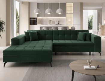 Súmerné prešívanie, jednoduchý dizajn, elegancia a vysoké štíhle nohy rohovej sedačky s rozkladom SAVIO L si Vás omotajú okolo prsta hneď na prvý pohľad. Sedačka sa stane praktickým pomocníkom, a elegantným doplnkom menšej, no kľudne aj tej väčšej obývačky. Farebné prevedenie tmavozelená je…