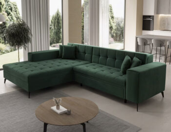 Súmerné prešívanie, jednoduchý dizajn, elegancia a vysoké štíhle nohy rohovej sedačky s rozkladom SAVIO L si Vás omotajú okolo prsta hneď na prvý pohľad. Sedačka sa stane praktickým pomocníkom, a elegantným doplnkom menšej, no kľudne aj tej väčšej obývačky. Farebné prevedenie tmavozelená je…