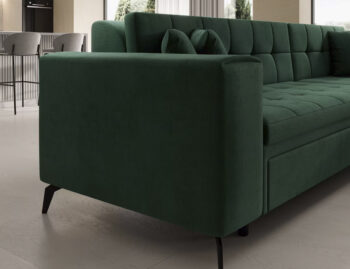 Súmerné prešívanie, jednoduchý dizajn, elegancia a vysoké štíhle nohy rohovej sedačky s rozkladom SAVIO P si Vás omotajú okolo prsta hneď na prvý pohľad. Sedačka sa stane praktickým pomocníkom, a elegantným doplnkom menšej, no kľudne aj tej väčšej obývačky. Farebné prevedenie tmavozelená je…