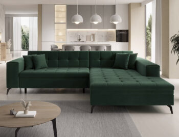 Súmerné prešívanie, jednoduchý dizajn, elegancia a vysoké štíhle nohy rohovej sedačky s rozkladom SAVIO P si Vás omotajú okolo prsta hneď na prvý pohľad. Sedačka sa stane praktickým pomocníkom, a elegantným doplnkom menšej, no kľudne aj tej väčšej obývačky. Farebné prevedenie tmavozelená je…