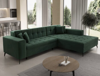 Súmerné prešívanie, jednoduchý dizajn, elegancia a vysoké štíhle nohy rohovej sedačky s rozkladom SAVIO P si Vás omotajú okolo prsta hneď na prvý pohľad. Sedačka sa stane praktickým pomocníkom, a elegantným doplnkom menšej, no kľudne aj tej väčšej obývačky. Farebné prevedenie tmavozelená je…