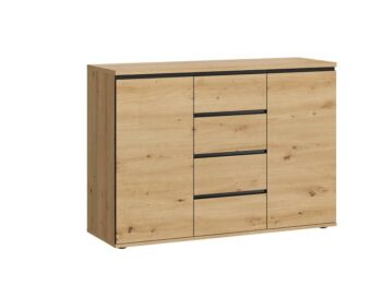 SAXON komoda TYP 01 je v príjemnom neutrálnom farebnom prevedení. Korpus aj dvierka sú vyrobené z kvalitnej LTD dosky. Komoda má dvoje dvierka a disponuje štyrmi zásuvkami.Rozmery: Š121 / V86 / H40 cmFarebné prevedenie: dub ArtisanTV stolík je súčasťou sektorového nábytku SAXON a v ponuke sú aj ďalšie produkty sektoru.Dodávame v demontovanom stave.