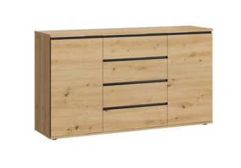 SAXON komoda TYP 02 je v príjemnom neutrálnom farebnom prevedení. Korpus aj dvierka sú vyrobené z kvalitnej MDF dosky. Komoda má dvoje dvierka a disponuje štyrmi zásuvkami.Rozmery: Š151 / V86 / H40 cmFarebné prevedenie: dub ArtisanTV stolík je súčasťou sektorového nábytku SAXON a v ponuke sú aj ďalšie produkty sektoru.Dodávame v demontovanom stave.