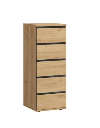 SAXON komoda TYP 04 je v príjemnom neutrálnom farebnom prevedení. Korpus aj dvierka sú vyrobené z kvalitnej MDF dosky. Komoda disponuje piatimi zásuvkami.Rozmery: Š40 / V105 / H40 cmFarebné prevedenie: dub ArtisanTV stolík je súčasťou sektorového nábytku SAXON a v ponuke sú aj ďalšie produkty sektoru.Dodávame v demontovanom stave.