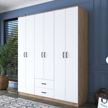 Šatníková skriňa SCORPIO – vysoká elegancia a praktickosť pre vašu spálňuŠatníková skriňa SCORPIO je dokonalým riešením pre každú modernú spálňu. Spája elegantný dizajn v kombinácii bielej farby a dekoru orecha s premysleným vnútorným usporiadaním, ktoré ponúka dostatok priestoru pre všetko oblečenie a doplnky.Hlavné vlastnosti šatníkovej skrine SCORPIO:Materiál: melamín a VT laminát – odolný a ľahko udržiavateľný povrch.Rozmery: 210 x 180 x 51,5 cm – vysoká konštrukcia pre maximálny úložný priestor.Farba: elegantná kombinácia bielej a orecha, ktorá ladí s modernými interiérmi.Vybavenie:2 šatníkové tyče na zavesenie odevov.2 zásuvky na organizáciu drobností alebo doplnkov.4 police pre zložené oblečenie, krabice alebo ďalšie potreby.Počet dverí: 6 a viac – ľahký prístup ku všetkým úložným častiam.Tvar: obdĺžnikový – praktický dizajn vhodný pre každý priestor.Hrúbka materiálu: 18 mm – pevná a stabilná konštrukcia.Možnosť pripevnenia k stene pre vyššiu stabilitu a bezpečnosť.Dodávame v demontovanom stave s podrobným montážnym návodom.Šatníková skriňa SCORPIO je navrhnutá tak, aby spĺňala všetky vaše potreby. Ponúka elegantný vzhľad, funkčné usporiadanie a dostatok priestoru na organizáciu vášho šatníka.Vylepšite svoju spálňu so šatníkovou skriňou SCORPIO – spojenie štýlu a praktickosti!