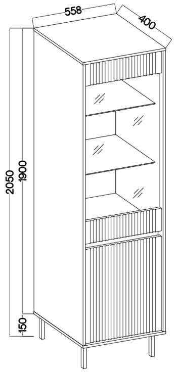Obývací sektor SELESTA je v minimalistickom prevedení. Je spestrená dizajnom japonskej estetiky. Nábytok má elegantné vysoké nožičky, ktoré sú v čiernej farbe a sú vyrobené z kovu. Dodávajú nábytku ľahkosť. Výraznou dekoráciu nábytku sú drážkované čelá. Jednotlivé prvky SELESTA boli navrhnuté tak, aby každý prvok mohol byť použitý samostatne.Predná časť je vyrobená z kvalitného MDF materiálu v kombinácii s LTD o hrúbke 16 mm. Dosky sú nenáročné na údržbu. Korpus je vyrobený z LTD dosiek, s ABS hranami. Nožičky sú kovové, v čiernom prevedení. Farba: béžová pieskováRozmery:šírka: 56 cmvýška: 205 cmhĺbka: 40 cmvýška nožičiek 15 cm.Dodávame v demontovanom stave.