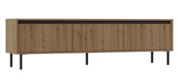 Obývací sektor SELESTA je v minimalistickom prevedení. Je spestrená dizajnom japonskej estetiky. Nábytok má elegantné vysoké nožičky, ktoré sú v čiernej farbe a sú vyrobené z kovu. Dodávajú nábytku ľahkosť. Výraznou dekoráciu nábytku sú drážkované čelá. Jednotlivé prvky SELESTA boli navrhnuté tak, aby každý prvok mohol byť použitý samostatne.Predná časť je vyrobená z kvalitného MDF materiálu v kombinácii s LTD o hrúbke 16 mm. Dosky sú nenáročné na údržbu. Korpus je vyrobený z LTD dosiek, s ABS hranami. Nožičky sú kovové, v čiernom prevedení. Farba: dub EvokeRozmery:šírka: 180 cmvýška: 50 cmhĺbka: 40 cmvýška nožičiek 15 cm.Dodávame v demontovanom stave.