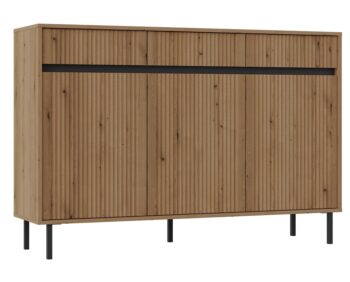 Obývací sektor SELESTA je v minimalistickom prevedení. Je spestrená dizajnom japonskej estetiky. Nábytok má elegantné vysoké nožičky, ktoré sú v čiernej farbe a sú vyrobené z kovu. Dodávajú nábytku ľahkosť. Výraznou dekoráciu nábytku sú drážkované čelá. Jednotlivé prvky SELESTA boli navrhnuté tak, aby každý prvok mohol byť použitý samostatne.Predná časť je vyrobená z kvalitného MDF materiálu v kombinácii s LTD o hrúbke 16 mm. Dosky sú nenáročné na údržbu. Korpus je vyrobený z LTD dosiek, s ABS hranami. Nožičky sú kovové, v čiernom prevedení. Farba: dub EvokeRozmery:šírka: 150 cmvýška: 85 cmhĺbka: 40 cmvýška nožičiek 15 cm.Dodávame v demontovanom stave.
