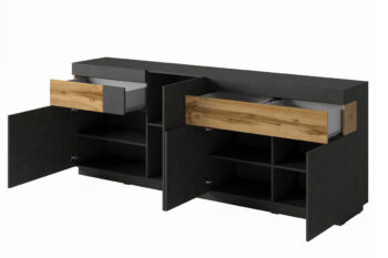 SELINKA 25 je kombinovaná štvordverová komoda s 2 šuplíkmi. Patrí k nábytku SELINKA, ktorý je charakteristický svojim kvalitným prevedením a praktickým riešením. Oceníte aj efektné prevedenie a celkový dizajn. Zaujímavé prepojenie dvoch farieb zvýrazňuje jedinečnosť tohto nábytku. Vďaka viacerým farebným kombináciám si z tejto kolekcie vyberie každý .Korpus nábytku je vyrobný z LTD dosky. Dvierka sú z MDF dosky, potiahnutej kvalitnou membránovou fóliou. Tento materiál je nenáročný na údržbu. Hlavnou farbou nábytku je matera. Tá je doplnená štýlovými vkladmi vo farebnom odtieni moreného dubového wotanu. Toto prepojenie dodáva nábytku štýlovosť a jedinečnosť.Komoda má v hornej časti sú 2 šuplíky, spodné časti sú dvierkové. Za každými dvierkami je umiestnená jedna vnútorná polička. Dvierka sú bezúchytové, využívajú systém push to open.Rozmery (š/v/h): 219/85/40 cm. Dodávame v demonte.