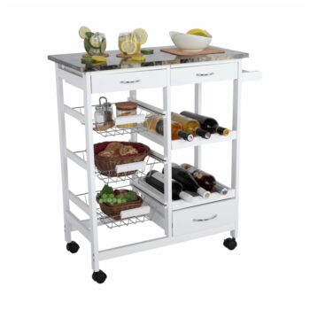 Elegantný a praktický pomocník do domácnosti je servírovací stolík na kolieskach SEMIR. Rozmery stolíka sú (ŠxHxV): 75x37x80 cm. Stolík disponuje tromi kovovými košíkmi, tromi šuplíkmi a miesto si nájdu aj fľaše v dvoch policiach. Kovové košíky ľahko vysuniete a vyberiete. Súčasťou stolíka je aj…