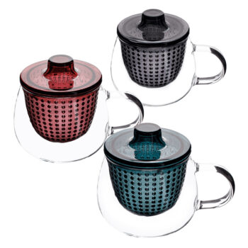 Sklenený hrnček na čaj (3 ks) Sifter 350 ml - priehľadná / kombinácia farieb; Rozmery (ŠxHxV): 12,5x12,5x10 cm; Materiál: borosilikátové sklo / plast.