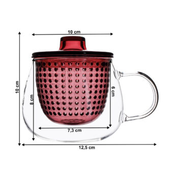 Sklenený hrnček na čaj (3 ks) Sifter 350 ml - priehľadná / kombinácia farieb; Rozmery (ŠxHxV): 12,5x12,5x10 cm; Materiál: borosilikátové sklo / plast.