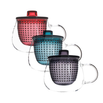 Sklenený hrnček na čaj (3 ks) Sifter 350 ml - priehľadná / kombinácia farieb; Rozmery (ŠxHxV): 12,5x12,5x10 cm; Materiál: borosilikátové sklo / plast.