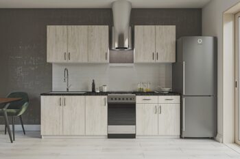 Moderná kuchyňa Silver vás zaujme svojim praktickým a zároveň štýlovým prevedením. Je vhodná do moderných interiérov. Disponuje množstvom úložného priestoru.Výška horných skriniek: 72 cm. Hĺbka: 30/32 cm. Výška dolných skriniek: 82 cm. Hĺbka: 46 cm.Sokel nie je v cene zostavy.Rozmery zostavy (š,h): 200 x 48 cm.Kuchynské skrinky sú vyrobené z kvalitných LTD dosiek. Ich údržba je nenáročná. Korpus je v bielej farbe. Dvierka sú vo farbe artwood light. Úchyty sú plastové, v čiernej farbe.Horné skrinky majú v cene regulovateľné závesy. Ku každej hornej skrinke sa zároveň dodávajú 2 ks 10 cm závesnej lišty. Nedelenú závesnú lištu pre jednoduchšiu montáž je možné doobjednať.Kuchynská zostava je zložená z týchto prvkov:2 x horná skrinka 80/72 cm, horná skrinka 40/72 cm, dolná drezová skrinka 80/82 cm, dolná skrinka 40/82 cm, dolná kombinovaná skrinka 80/82 cmDrez a pracovnú dosku je potrebné dokúpiť.Spotrebiče nie sú súčasťou kuchynskej linky.Kuchyňu je možné zakúpiť len ako zostavu.Dodávame v demontovanom stave.