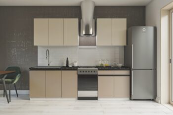 Moderná kuchyňa SILVER, ktorá vás zaujme svojim praktickým a zároveň štýlovým prevedením. Je vhodná najmä do menších moderných interiérov.Výška horných skriniek: 72 cm. Hĺbka: 30/32 cm. Výška dolných skriniek: 82 cm. Hĺbka: 46 cm.Sokel nie je v cene zostavy.Rozmery zostavy (š,h): 200 x 48 cm.Kuchynské skrinky sú vyrobené z kvalitných LTD dosiek. Ich údržba je nenáročná. Korpus je v bielej farbe. Dvierka sú v vo farbe satin a clay grey. Majú integrované úchyty typu GOLA. Kuchynská zostava je zložená z týchto prvkov:dolná drezová skrinka 80 cm, jednodverová skrinka 40 cm, dvojdverová skrinka 80 cm + 2 zásuvky, horná dvojdverová skrinka 80 cm, horná jednodverová skrinka 40 cm, horná dvojdverová skrinka 80 cmDrez a pracovnú dosku je potrebné dokúpiť, spotrebiče nie sú súčasťou kuchynskej linky. Kuchyňu je možné zakúpiť iba ako zostavu. Dodávame v demontovanom stave. В-80/72-2шт В-40/72-1шт НМ-80/82-1шт Н-40/82-1шт НЯД-(2+2)-80/82-1шт