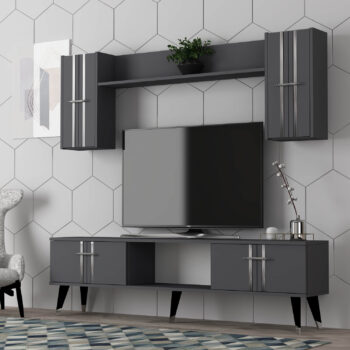 Obývacia stena SILVER - luxusný dizajn pre vašu obývaciu izbuObývacia stena SILVER je ideálnou voľbou pre tých, ktorí hľadajú moderné a elegantné riešenie pre svoju obývaciu izbu. Táto zostava kombinuje praktické úložné priestory s luxusným dizajnom, ktorý okamžite zaujme.Vyrobená z kvalitného LTD materiálu s hrúbkou 18 mm, obývacia stena SILVER ponúka dlhú životnosť a pevnosť. Súčasťou zostavy je TV stolík, nástenná polica a dve závesné skrinky, ktoré poskytujú dostatok úložného priestoru pre vaše multimediálne zariadenia a ďalšie príslušenstvo. Elegantná regálka dopĺňa celkový vzhľad steny. Štýlové plastové úchytky sú navrhnuté pre jednoduchú manipuláciu a dotvárajú moderný vzhľad.Hlavné vlastnosti produktu:Typ tovaru: obývacia stenaVhodné do miestnosti: obývacia izbaMateriál: LTDRozmery: 29.6 x 150 x 44.6 cmFarba: antracit + striebornáVybavenie: regálekŠtýl: luxusnéPočet dvierok: 4Zostava obsahuje: TV stolík, nástenná polica s dvoma závesnými skrinkamiÚchytky: plastDodatočné informácie: Dodávame v demonte, plastové nožičkyObývacia stena SILVER je dodávaná v demontovanom stave, čo uľahčuje prepravu a montáž. Plastové nožičky zaisťujú stabilitu a ochranu podlahy.