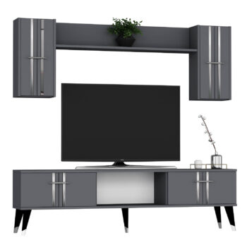 Obývacia stena SILVER - luxusný dizajn pre vašu obývaciu izbuObývacia stena SILVER je ideálnou voľbou pre tých, ktorí hľadajú moderné a elegantné riešenie pre svoju obývaciu izbu. Táto zostava kombinuje praktické úložné priestory s luxusným dizajnom, ktorý okamžite zaujme.Vyrobená z kvalitného LTD materiálu s hrúbkou 18 mm, obývacia stena SILVER ponúka dlhú životnosť a pevnosť. Súčasťou zostavy je TV stolík, nástenná polica a dve závesné skrinky, ktoré poskytujú dostatok úložného priestoru pre vaše multimediálne zariadenia a ďalšie príslušenstvo. Elegantná regálka dopĺňa celkový vzhľad steny. Štýlové plastové úchytky sú navrhnuté pre jednoduchú manipuláciu a dotvárajú moderný vzhľad.Hlavné vlastnosti produktu:Typ tovaru: obývacia stenaVhodné do miestnosti: obývacia izbaMateriál: LTDRozmery: 29.6 x 150 x 44.6 cmFarba: antracit + striebornáVybavenie: regálekŠtýl: luxusnéPočet dvierok: 4Zostava obsahuje: TV stolík, nástenná polica s dvoma závesnými skrinkamiÚchytky: plastDodatočné informácie: Dodávame v demonte, plastové nožičkyObývacia stena SILVER je dodávaná v demontovanom stave, čo uľahčuje prepravu a montáž. Plastové nožičky zaisťujú stabilitu a ochranu podlahy.