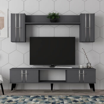 Obývacia stena SILVER - luxusný dizajn pre vašu obývaciu izbuObývacia stena SILVER je ideálnou voľbou pre tých, ktorí hľadajú moderné a elegantné riešenie pre svoju obývaciu izbu. Táto zostava kombinuje praktické úložné priestory s luxusným dizajnom, ktorý okamžite zaujme.Vyrobená z kvalitného LTD materiálu s hrúbkou 18 mm, obývacia stena SILVER ponúka dlhú životnosť a pevnosť. Súčasťou zostavy je TV stolík, nástenná polica a dve závesné skrinky, ktoré poskytujú dostatok úložného priestoru pre vaše multimediálne zariadenia a ďalšie príslušenstvo. Elegantná regálka dopĺňa celkový vzhľad steny. Štýlové plastové úchytky sú navrhnuté pre jednoduchú manipuláciu a dotvárajú moderný vzhľad.Hlavné vlastnosti produktu:Typ tovaru: obývacia stenaVhodné do miestnosti: obývacia izbaMateriál: LTDRozmery: 29.6 x 150 x 44.6 cmFarba: antracit + striebornáVybavenie: regálekŠtýl: luxusnéPočet dvierok: 4Zostava obsahuje: TV stolík, nástenná polica s dvoma závesnými skrinkamiÚchytky: plastDodatočné informácie: Dodávame v demonte, plastové nožičkyObývacia stena SILVER je dodávaná v demontovanom stave, čo uľahčuje prepravu a montáž. Plastové nožičky zaisťujú stabilitu a ochranu podlahy.