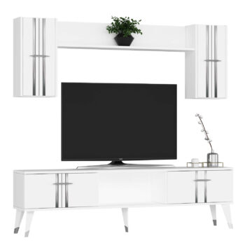 Obývacia stena SILVER - luxusný dizajn pre vašu obývaciu izbuObývacia stena SILVER je ideálnou voľbou pre tých, ktorí hľadajú moderné a elegantné riešenie pre svoju obývaciu izbu. Táto zostava kombinuje praktické úložné priestory s luxusným dizajnom, ktorý okamžite zaujme.Vyrobená z kvalitného LTD materiálu s hrúbkou 18 mm, obývacia stena SILVER ponúka dlhú životnosť a pevnosť. Súčasťou zostavy je TV stolík, nástenná polica a dve závesné skrinky, ktoré poskytujú dostatok úložného priestoru pre vaše multimediálne zariadenia a ďalšie príslušenstvo. Elegantná regálka dopĺňa celkový vzhľad steny. Štýlové plastové úchytky sú navrhnuté pre jednoduchú manipuláciu a dotvárajú moderný vzhľad.Hlavné vlastnosti produktu:Typ tovaru: obývacia stenaVhodné do miestnosti: obývacia izbaMateriál: LTDRozmery: 29.6 x 150 x 44.6 cmFarba: biela + striebornáVybavenie: regálekŠtýl: luxusnéPočet dvierok: 4Zostava obsahuje: TV stolík, nástenná polica s dvoma závesnými skrinkamiÚchytky: plastDodatočné informácie: Dodávame v demonte, plastové nožičkyObývacia stena SILVER je dodávaná v demontovanom stave, čo uľahčuje prepravu a montáž. Plastové nožičky zaisťujú stabilitu a ochranu podlahy.