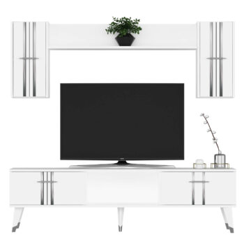 Obývacia stena SILVER - luxusný dizajn pre vašu obývaciu izbuObývacia stena SILVER je ideálnou voľbou pre tých, ktorí hľadajú moderné a elegantné riešenie pre svoju obývaciu izbu. Táto zostava kombinuje praktické úložné priestory s luxusným dizajnom, ktorý okamžite zaujme.Vyrobená z kvalitného LTD materiálu s hrúbkou 18 mm, obývacia stena SILVER ponúka dlhú životnosť a pevnosť. Súčasťou zostavy je TV stolík, nástenná polica a dve závesné skrinky, ktoré poskytujú dostatok úložného priestoru pre vaše multimediálne zariadenia a ďalšie príslušenstvo. Elegantná regálka dopĺňa celkový vzhľad steny. Štýlové plastové úchytky sú navrhnuté pre jednoduchú manipuláciu a dotvárajú moderný vzhľad.Hlavné vlastnosti produktu:Typ tovaru: obývacia stenaVhodné do miestnosti: obývacia izbaMateriál: LTDRozmery: 29.6 x 150 x 44.6 cmFarba: biela + striebornáVybavenie: regálekŠtýl: luxusnéPočet dvierok: 4Zostava obsahuje: TV stolík, nástenná polica s dvoma závesnými skrinkamiÚchytky: plastDodatočné informácie: Dodávame v demonte, plastové nožičkyObývacia stena SILVER je dodávaná v demontovanom stave, čo uľahčuje prepravu a montáž. Plastové nožičky zaisťujú stabilitu a ochranu podlahy.