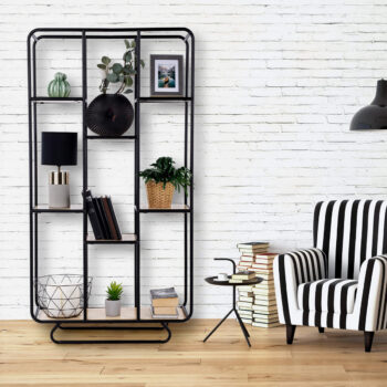 KONDELA Simal kovový regál čierna / prírodná – Obrázok 2