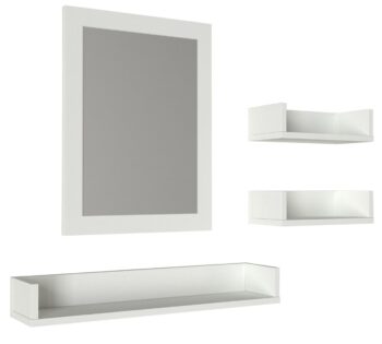 Set zrkadla a troch závesných políc SIMEON bude praktickým pomocníkom do každej kúpeľne. Produkty sú vyrobené z kvalitného 18 mm LTD materiálu, ktoré sú nenáročné na údržbu č ocení každý majiteľ.Farebné prevedenie: biela matnáRozmery: šírka najširšej police 72 cm, výška zrkadla 60 cm (ďalšie rozmery v nákrese)Dodávame v demonte.