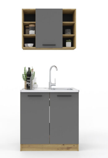 Malá kuchyňa SMILE 80 v modernom farebnom prevedení je vhodná do menších priestorov.Skladá sa zo spodnej dvojdverovej skrinky, ktorá má rozmery (ŠxVxH) : 80 x 82 x 46 cm, je vhodná na drez a vrchnej skrinky, ktorá má rozmery (ŠxVxH) : 80 x 58 x 30 cm. Vrchná skrinka má 1 dvierka a po stranách regál. Drezová skrinka je bez pracovnej dosky. Farebné prevedenie : artisan/ antracitDodávame v demonte. 
