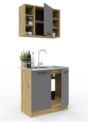 Malá kuchyňa SMILE 80 v modernom farebnom prevedení je vhodná do menších priestorov.Skladá sa zo spodnej dvojdverovej skrinky, ktorá má rozmery (ŠxVxH) : 80 x 82 x 46 cm, je vhodná na drez a vrchnej skrinky, ktorá má rozmery (ŠxVxH) : 80 x 58 x 30 cm. Vrchná skrinka má 1 dvierka a po stranách regál. Drezová skrinka je bez pracovnej dosky. Farebné prevedenie : artisan/ antracitDodávame v demonte. 
