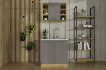 Malá kuchyňa SMILE 80 v modernom farebnom prevedení je vhodná do menších priestorov.Skladá sa zo spodnej dvojdverovej skrinky, ktorá má rozmery (ŠxVxH) : 80 x 82 x 46 cm, je vhodná na drez a vrchnej skrinky, ktorá má rozmery (ŠxVxH) : 80 x 58 x 30 cm. Vrchná skrinka má 1 dvierka a po stranách regál. Drezová skrinka je bez pracovnej dosky. Farebné prevedenie : artisan/ antracitDodávame v demonte. 