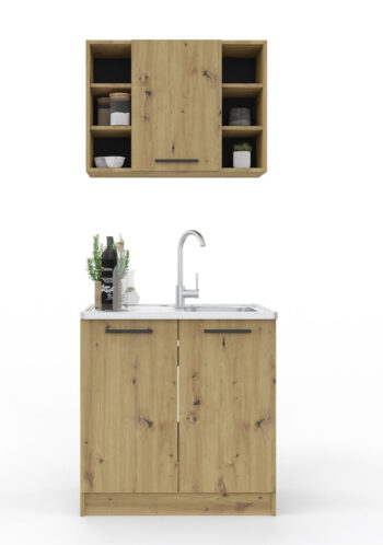 Malá kuchyňa SMILE 80 v modernom farebnom prevedení je vhodná do menších priestorov.Skladá sa zo spodnej dvojdverovej skrinky, ktorá má rozmery (ŠxVxH) : 80 x 82 x 46 cm, je vhodná na drez a vrchnej skrinky, ktorá má rozmery (ŠxVxH) : 80 x 58 x 30 cm. Vrchná skrinka má 1 dvierka a po stranách regál. Drezová skrinka je bez pracovnej dosky. Farebné prevedenie : dub artisanDodávame v demonte. 