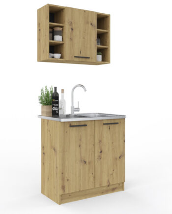 Malá kuchyňa SMILE 80 v modernom farebnom prevedení je vhodná do menších priestorov.Skladá sa zo spodnej dvojdverovej skrinky, ktorá má rozmery (ŠxVxH) : 80 x 82 x 46 cm, je vhodná na drez a vrchnej skrinky, ktorá má rozmery (ŠxVxH) : 80 x 58 x 30 cm. Vrchná skrinka má 1 dvierka a po stranách regál. Drezová skrinka je bez pracovnej dosky. Farebné prevedenie : dub artisanDodávame v demonte. 