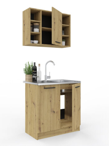 Malá kuchyňa SMILE 80 v modernom farebnom prevedení je vhodná do menších priestorov.Skladá sa zo spodnej dvojdverovej skrinky, ktorá má rozmery (ŠxVxH) : 80 x 82 x 46 cm, je vhodná na drez a vrchnej skrinky, ktorá má rozmery (ŠxVxH) : 80 x 58 x 30 cm. Vrchná skrinka má 1 dvierka a po stranách regál. Drezová skrinka je bez pracovnej dosky. Farebné prevedenie : dub artisanDodávame v demonte. 