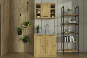 Malá kuchyňa SMILE 80 v modernom farebnom prevedení je vhodná do menších priestorov.Skladá sa zo spodnej dvojdverovej skrinky, ktorá má rozmery (ŠxVxH) : 80 x 82 x 46 cm, je vhodná na drez a vrchnej skrinky, ktorá má rozmery (ŠxVxH) : 80 x 58 x 30 cm. Vrchná skrinka má 1 dvierka a po stranách regál. Drezová skrinka je bez pracovnej dosky. Farebné prevedenie : dub artisanDodávame v demonte. 