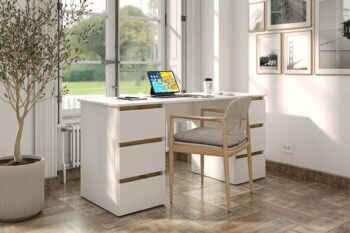 Široký písací stôl SONIJA je funkčný a moderný nábytok vhodný do každého interiéru. Písací stôl je vyrobený z LTD laminovaného materiálu. Farba: satin / dub Craft zlatý dodáva pracovnému stolu príjemný a elegantný vzhľad. SONIJA písací stôl disponuje šiestimi praktickými zásuvkami rozdelenými po oboch stranách.Rozmery stolíka: Š160 / V76/ H60 cm. Stôl má bezúchytový systém otvárania. SONIJA písací stôl je skvelou voľbou pre tých, ktorí hľadajú praktický a moderný nábytok do svojho pracovného priestoru.Pracovný stôl je dodávaný v demonte, čo umožňuje jednoduchú montáž doma. V ponuke aj ďalšie produkty z rovnakej kolekcie.